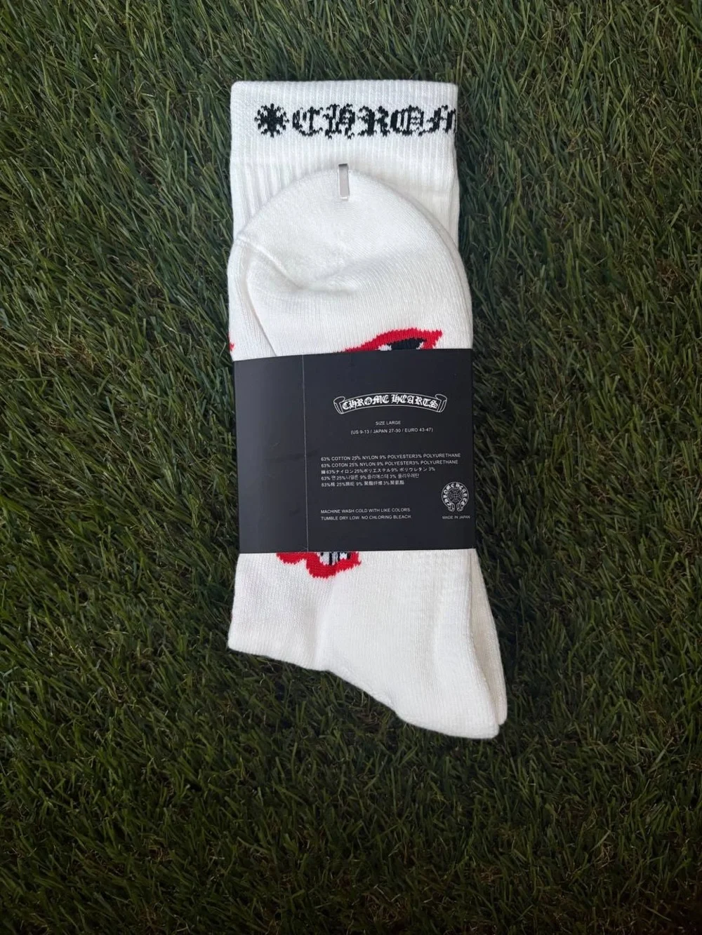 Chrome Hearts White Crew Socks with Red & Black Lip Design